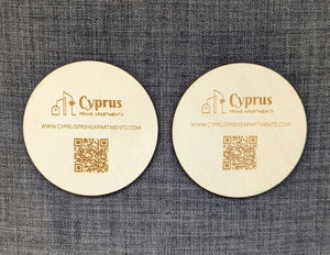 ROUND Coaster QR Code for company website Logo Personalised Occasional Plywood Custom Engraved