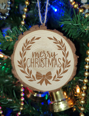 Natural Wooden Rustic Merry Christmas Ball Bauble Engraved Gift Present Eco Keepsake / S43