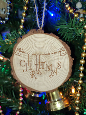 Bells Sign Natural Wooden Rustic Christmas Ball Bauble Engraved Gift Present Keepsake / S36