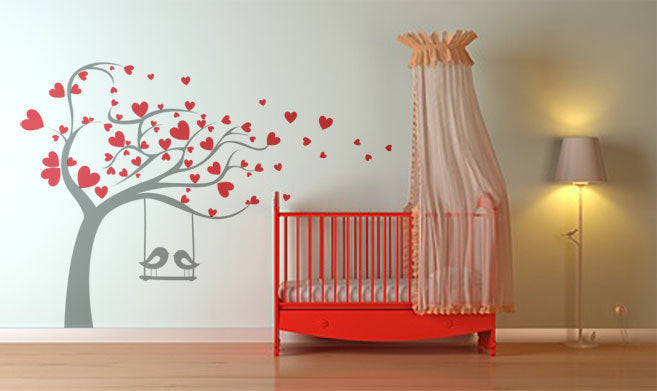 LOVE HEARTS TREE & BIRDS KIDS ROOM VALENTINE'S Big & Small Sizes Colour Wall Sticker Animal Happy 'Kids23'