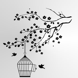 BIRD WITH CAGE ON BRANCH Big & Small Sizes Colour Wall Sticker Shabby Chic Romantic Style 'J23'