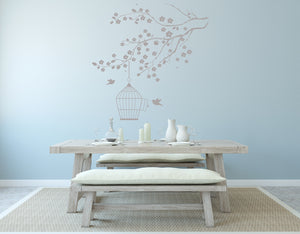 BIRD WITH CAGE ON BRANCH Big & Small Sizes Colour Wall Sticker Shabby Chic Romantic Style 'J23'