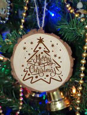 Merry Christmas Tree Sign Wreath Winter Natural Wooden Rustic Festive Ball Bauble Engraved Gift Present Keepsake / S64