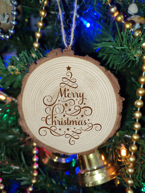 Merry Christmas Tree Sign Wreath Winter Natural Wooden Rustic Festive Ball Bauble Engraved Gift Present Keepsake / S63