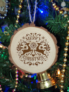 Reindeers Natural Wooden Rustic Christmas Ball Bauble Engraved Gift Present Keepsake / S52