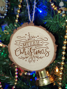 Merry Christmas Sign Wreath Winter Natural Wooden Rustic Festive Ball Bauble Engraved Gift Present Keepsake / S62