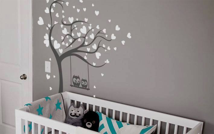 HEARTS TREE & OWLS ON SWING KIDS ROOM VALENTINE'S Big & Small Colour Wall Sticker Happy Animal Modern 'Kids3'