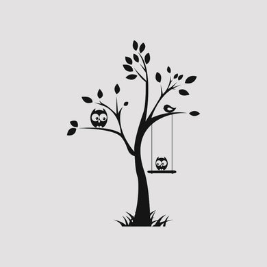 TREE & OWL ON SWING KIDS ROOM Big & Small Sizes Colour Wall Sticker Animal Modern Style 'Kids1'