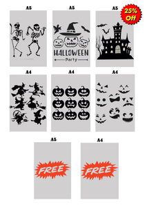 Halloween Stencils Medium Set 3 x A5+3 x A 4+1 x A5 & A4 GRATIS Reusable 25% OFF 'HL2'
