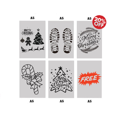 Merry Christmas Stencils Set Light Santa Claus Tree Baubles Candy Cane 5 x A5 + 1 x A5 GRATIS Reusable Mylar 20% OFF 'NEW22'