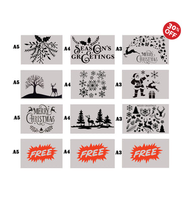 Merry Christmas Stencils Santa Claus Tree Baubles Candy Cane Set Premium 3 x A5 + 3 x A4  + 3 x A3+ 1xA5 & 1xA4 & 1xA3 FREE Reusable Mylar 30% OFF 'X3B'