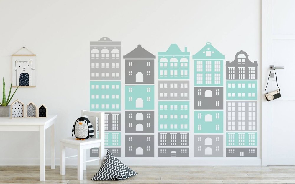HOUSES CITY BUILDINGS KIDS ROOM Big & Small Sizes Colour Wall Sticker Modern Style 'Kids2'