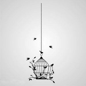 BIRDS IN THE CAGE ON THE CHAIN Big & Small Sizes Colour Wall Sticker Shabby Chic 'Flora38'