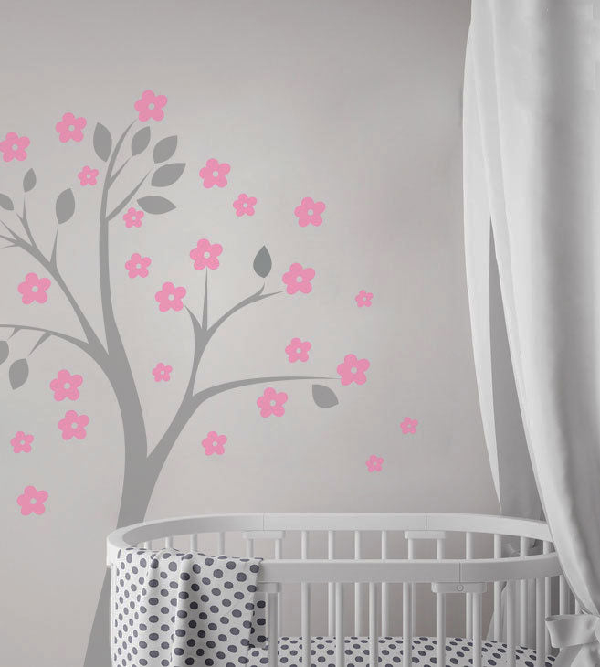 SINGLE TREE WITH FLOWERS Big & Small Sizes Colour Wall Sticker Shabby Style 'Kids9'
