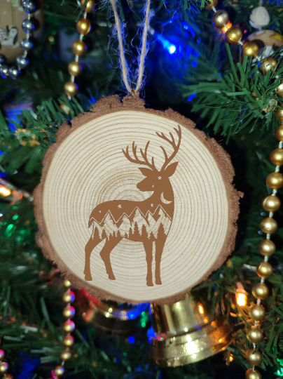 Deer Natural Wooden Rustic Christmas Tree Ball Bauble Engraved Gift Present Keepsake / MT5