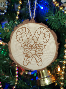 Candy Cane Natural Wooden Rustic Christmas Ball Bauble Engraved Gift Present Keepsake / S34