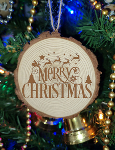 Merry Christmas Festive Sign Deer Reindeer Natural Wood Rustic Ball Bauble Engraved Gift Present Keepsake / S40