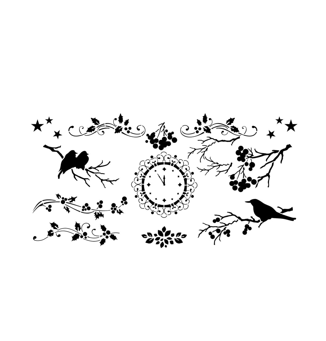 Christmas Set Sizes Reusable Stencil Shabby Chic Winter Robin Mountain Ash Stars Clock  'Deco24'