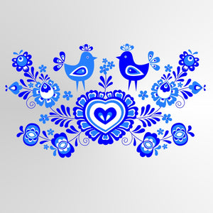 FOLKLORE LOVE ROOSTERS Big & Small Sizes Colour Wall Sticker Floral Valentine's Romantic Style 'Folk2'