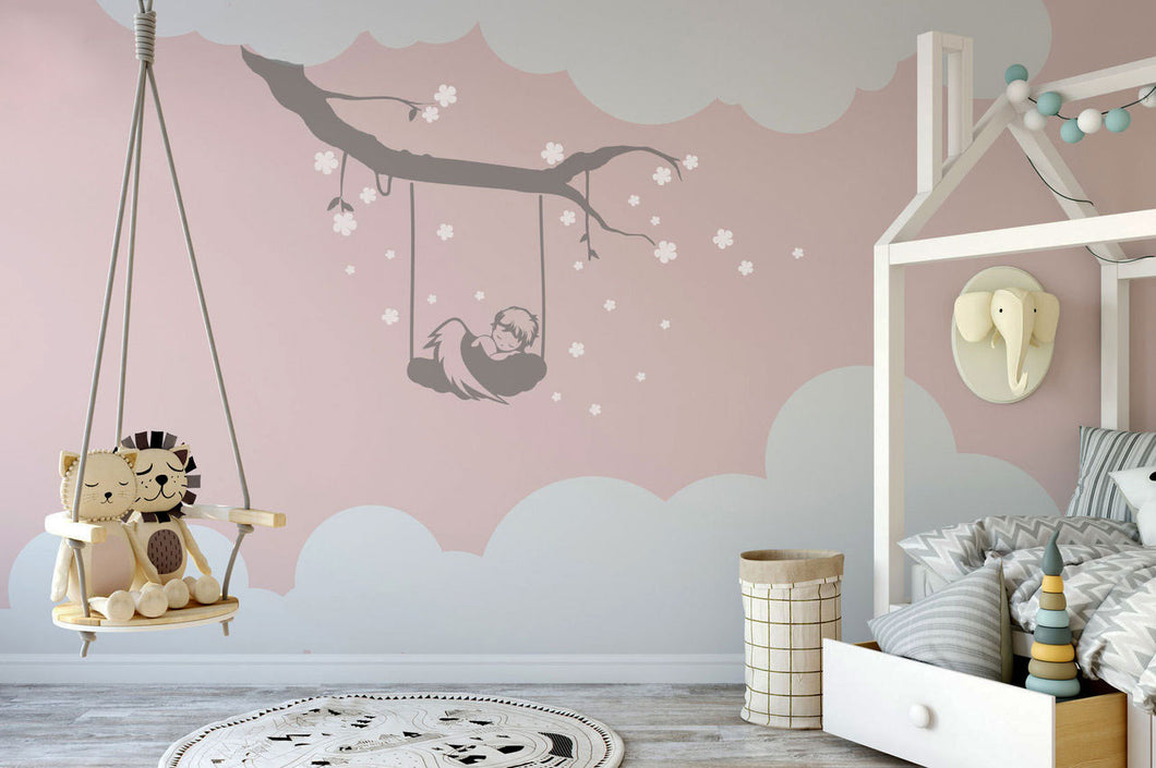 ANGEL ON THE SWING KIDS ROOM Big & Small Sizes Colour Wall Sticker Modern Floral Style 'Kids79'