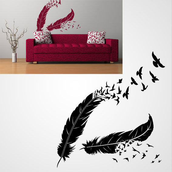 FEATHERS WITH BIRDS WAVE Big & Small Sizes Colour Wall Sticker Shabby Chic Romantic Style 'Deco42'