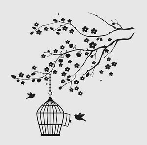 BIRD WITH CAGE ON BRANCH Sizes Reusable Stencil Floral Nature Shabby Chic 'J23'